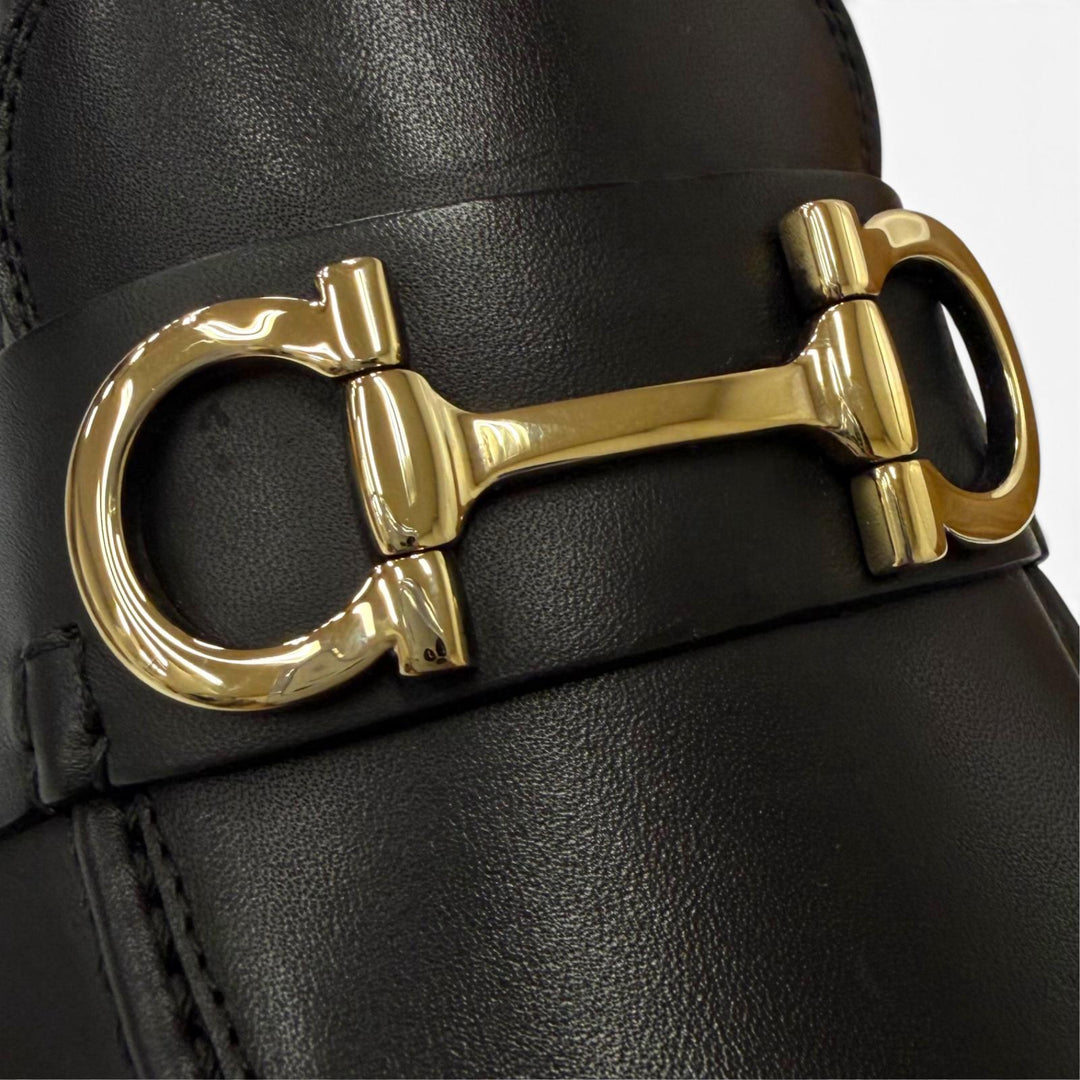 未使用品▼Salvatore Ferragamo サルヴァトーレフェラガモ GIN Uチップ ガンチーニ レザーシューズ ローファー ブラック ゴールド 6.5