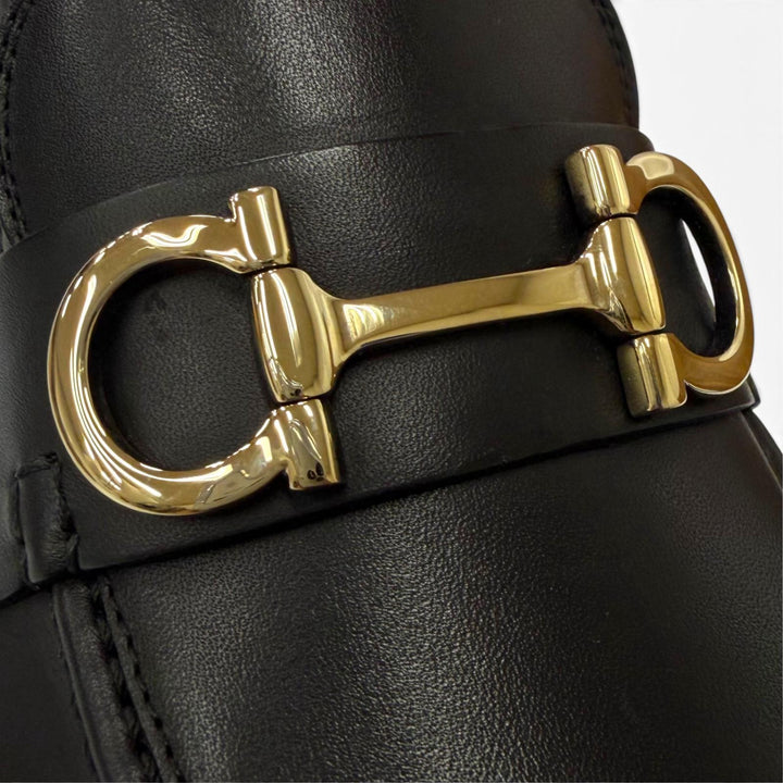 未使用品▼Salvatore Ferragamo サルヴァトーレフェラガモ GIN Uチップ ガンチーニ レザーシューズ ローファー ブラック ゴールド 6.5