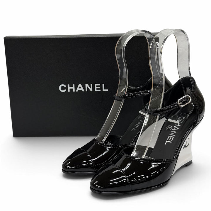 未使用品★CHANEL シャネル G37869 ココマーク アンクルストラップ パテントレザー パンプス ブラック ホワイト 36.5 イタリア製 箱付き