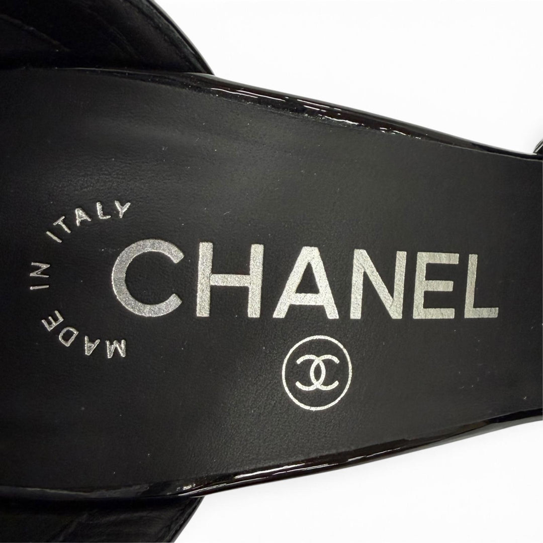 未使用品★CHANEL シャネル G37869 ココマーク アンクルストラップ パテントレザー パンプス ブラック ホワイト 36.5 イタリア製 箱付き