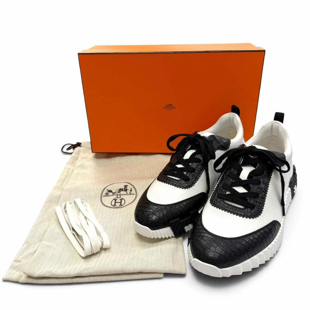 未使用品▼HERMES エルメス BOUNCING バウジング レザー クロコダイル スニーカー ブラック ホワイト IT 42 イタリア製 メンズ 箱付き