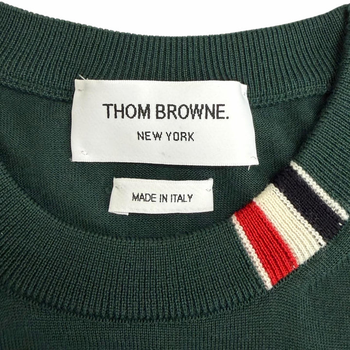 極美品□THOM BROWNE トムブラウン ウール トリコロール 薄手 ロングスリーブニット セーター ダークグリーン 1 イタリア製 正規品