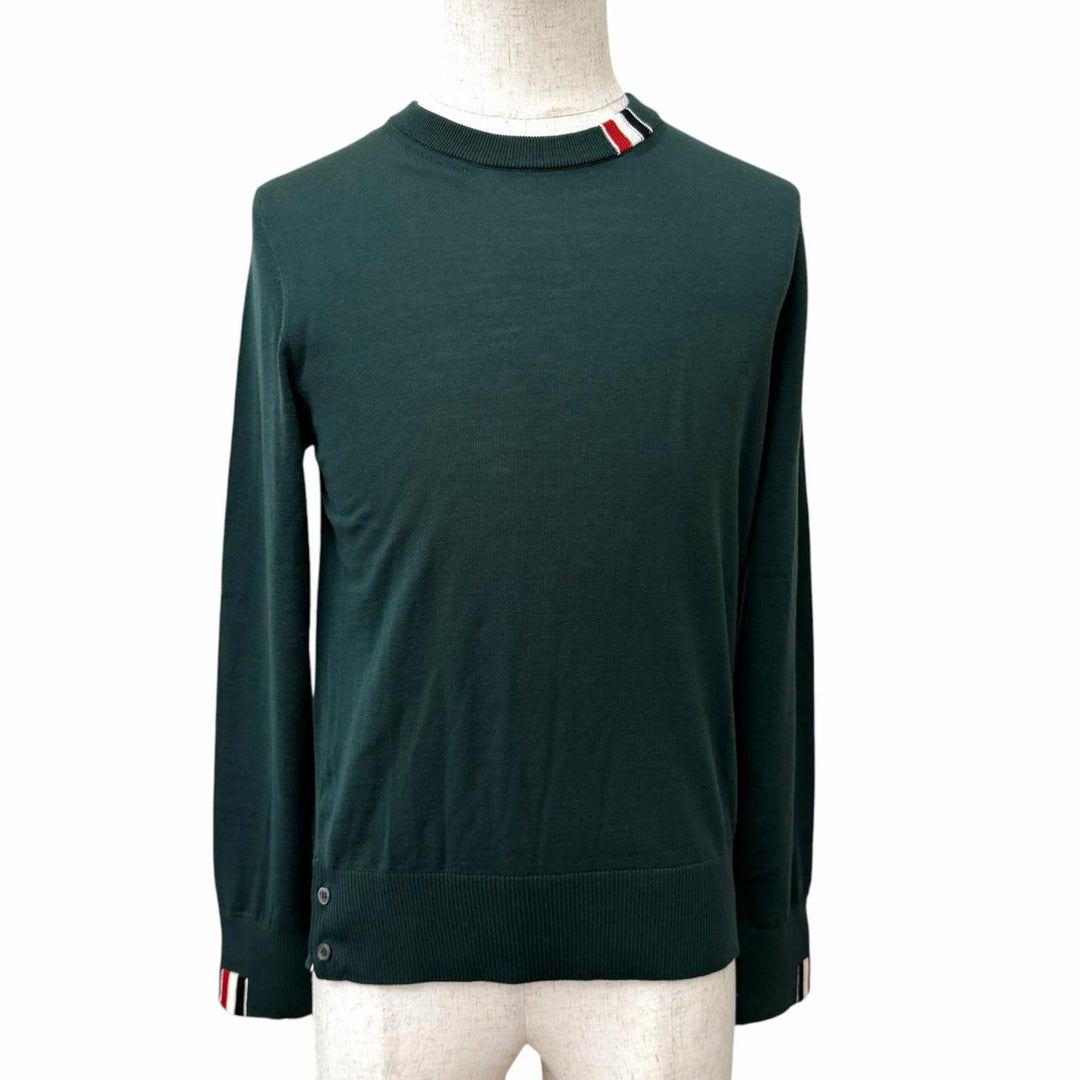 極美品□THOM BROWNE トムブラウン ウール トリコロール 薄手 ロングスリーブニット セーター ダークグリーン 1 イタリア製 正規品