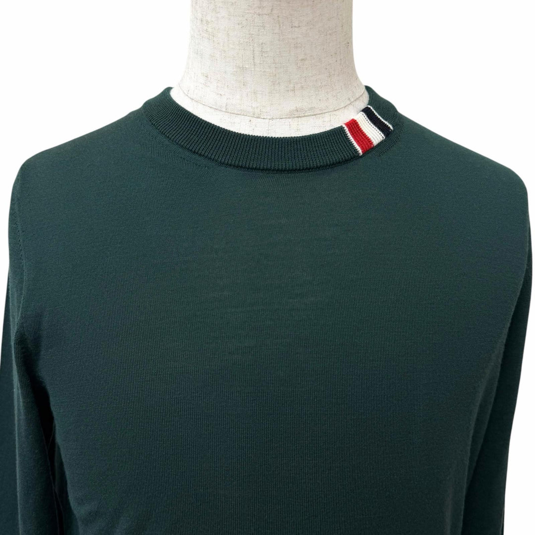 極美品□THOM BROWNE トムブラウン ウール トリコロール 薄手 ロングスリーブニット セーター ダークグリーン 1 イタリア製 正規品