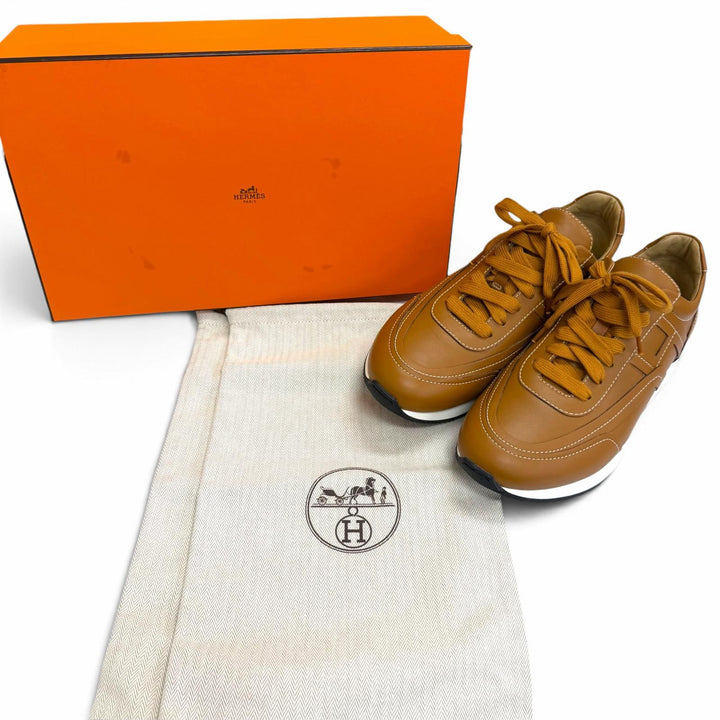 未使用品□HERMES エルメス Chris クリス レザー Hロゴ レースアップ ローカットスニーカー ブラウン 41 イタリア製 メンズ 保存袋付き
