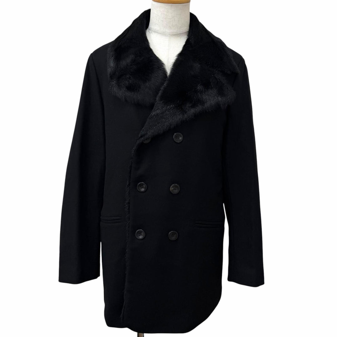美品□ARMANI COLLEZIONI アルマーニコレッツォーニ カシミヤ混 LUXURY ラムファー使い ピーコート ブラック IT 52 イタリア製 正規品