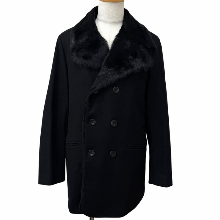 美品□ARMANI COLLEZIONI アルマーニコレッツォーニ カシミヤ混 LUXURY ラムファー使い ピーコート ブラック IT 52 イタリア製 正規品
