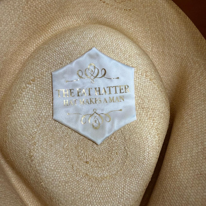 極美品□THE FAT HATTER ザファットハッター CROW ピンバッジ付き 焦がし加工 パナマハット ストローハット 中折れ帽 ベージュ 7 5/8