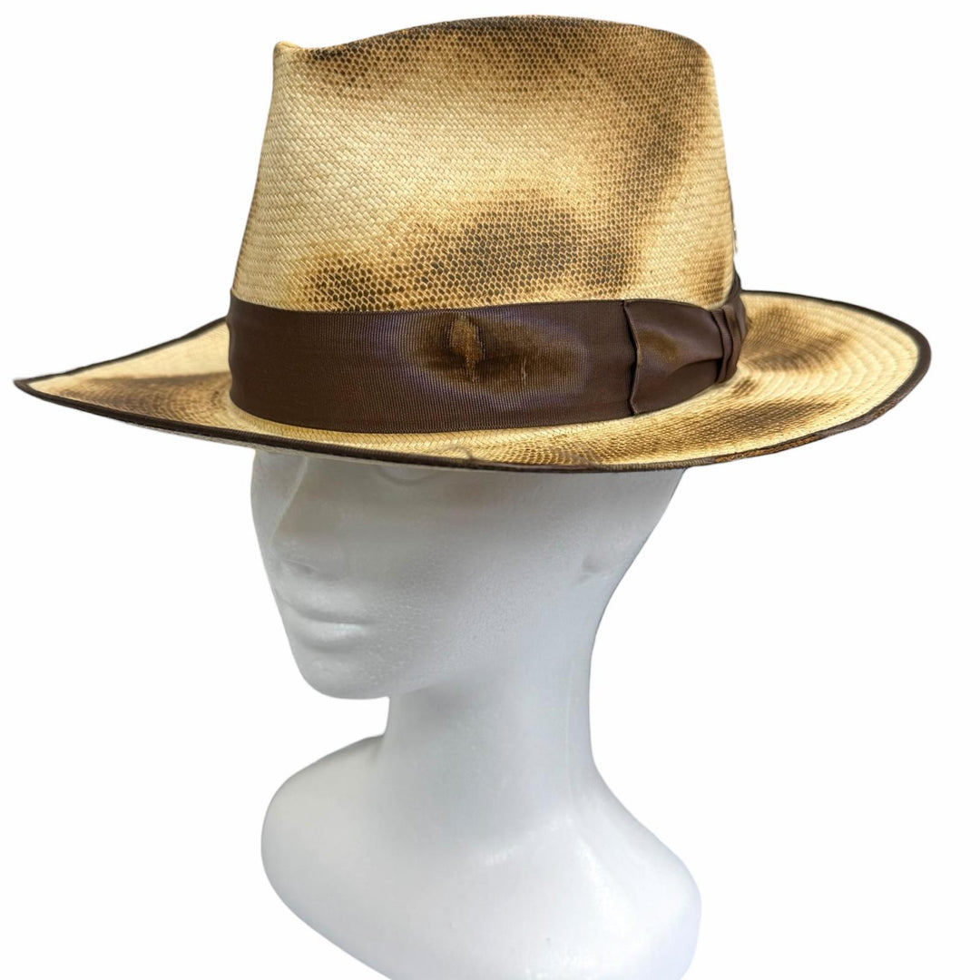 極美品□THE FAT HATTER ザファットハッター CROW ピンバッジ付き 焦がし加工 パナマハット ストローハット 中折れ帽 ベージュ 7 5/8