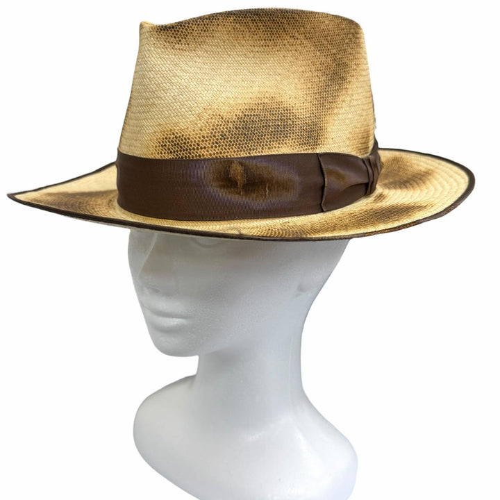 極美品□THE FAT HATTER ザファットハッター CROW ピンバッジ付き 焦がし加工 パナマハット ストローハット 中折れ帽 ベージュ 7 5/8