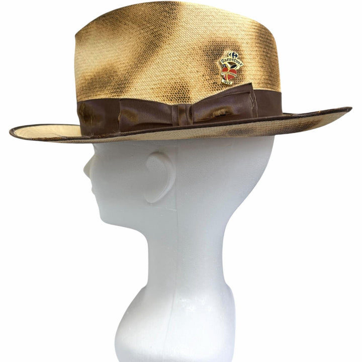 極美品□THE FAT HATTER ザファットハッター CROW ピンバッジ付き 焦がし加工 パナマハット ストローハット 中折れ帽 ベージュ 7 5/8