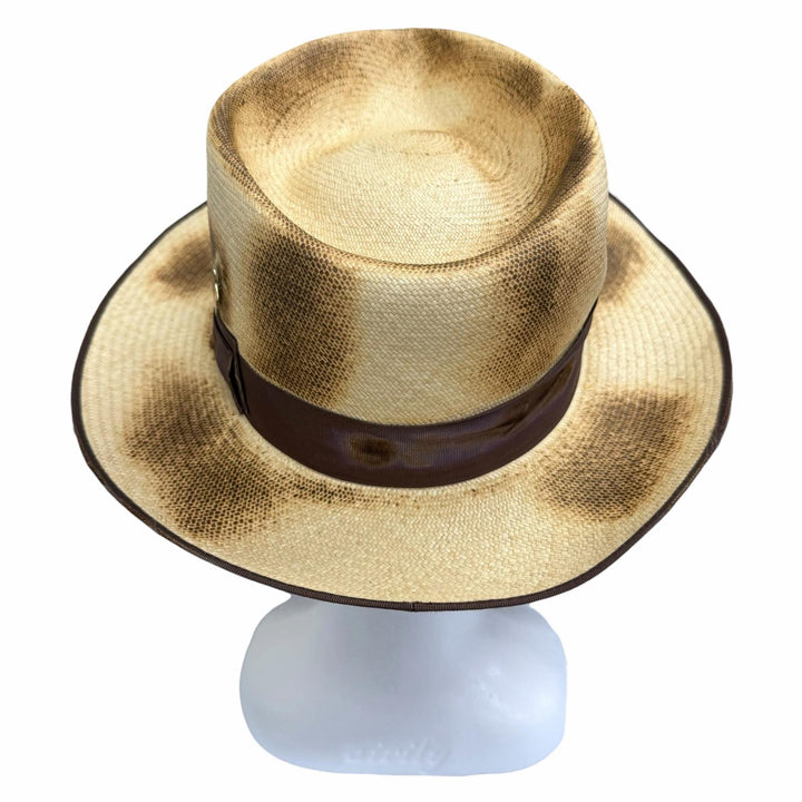 極美品□THE FAT HATTER ザファットハッター CROW ピンバッジ付き 焦がし加工 パナマハット ストローハット 中折れ帽 ベージュ 7 5/8
