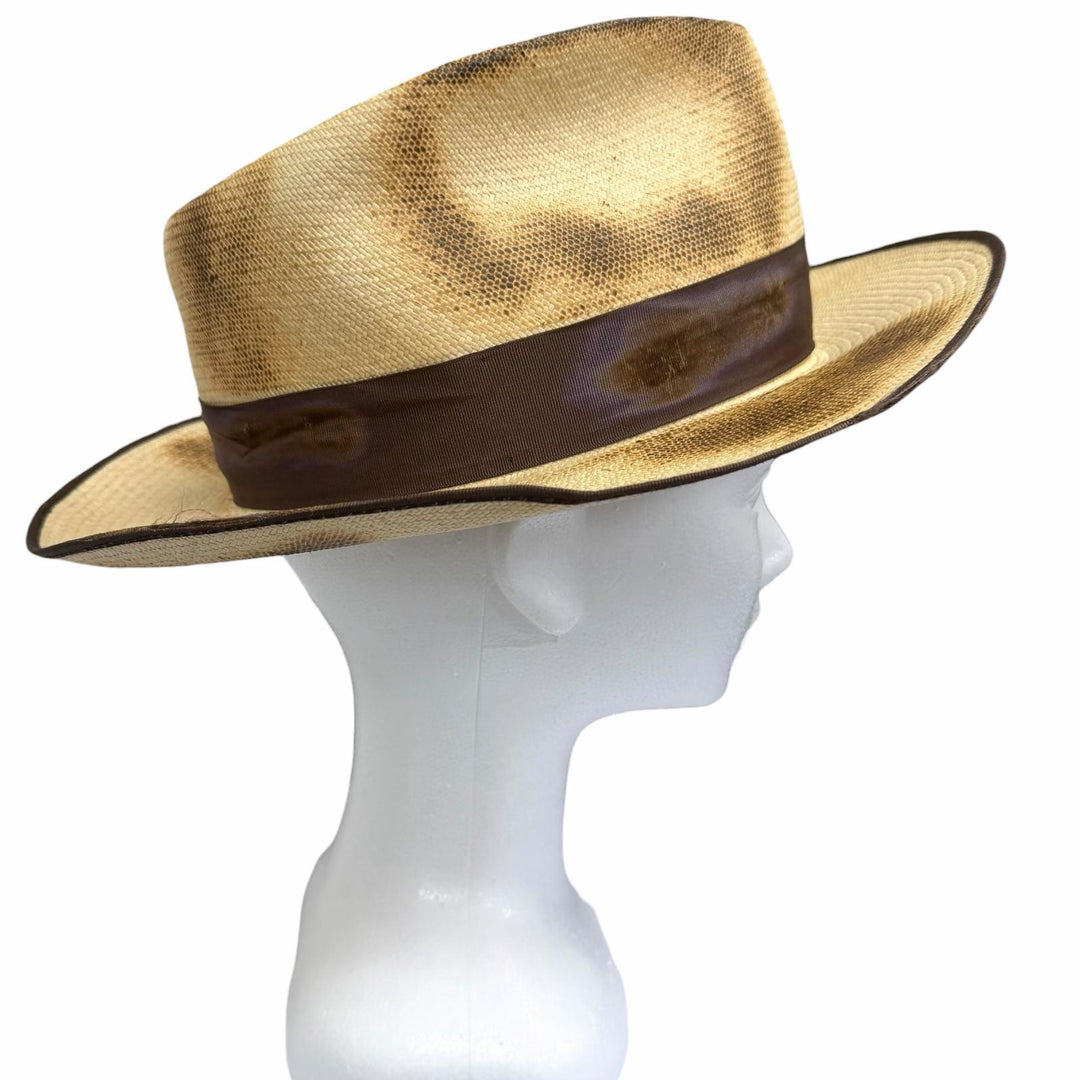 極美品□THE FAT HATTER ザファットハッター CROW ピンバッジ付き 焦がし加工 パナマハット ストローハット 中折れ帽 ベージュ 7 5/8