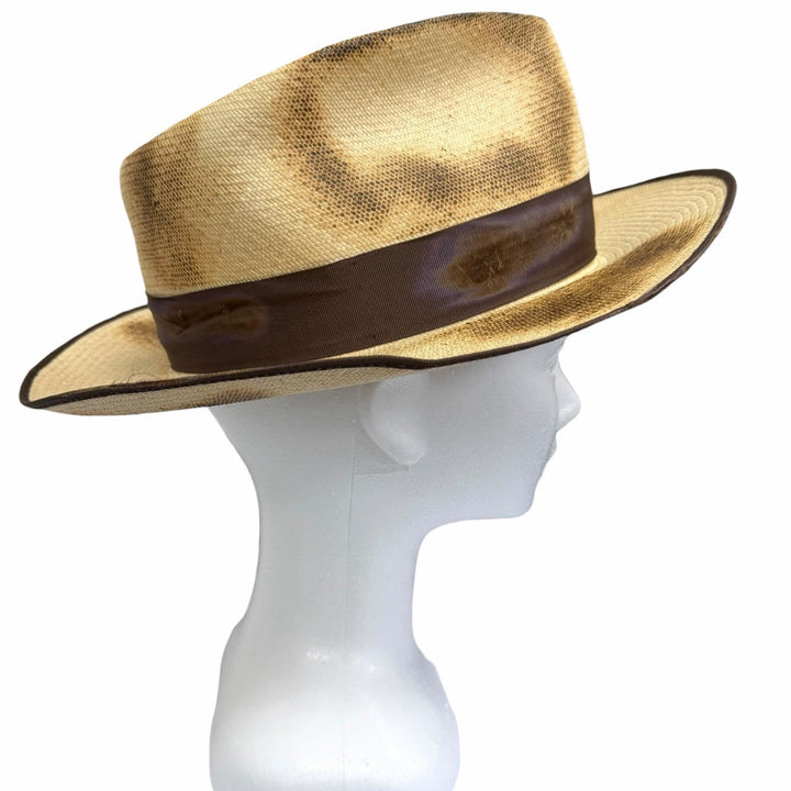 極美品□THE FAT HATTER ザファットハッター CROW ピンバッジ付き 焦がし加工 パナマハット ストローハット 中折れ帽 ベージュ 7 5/8