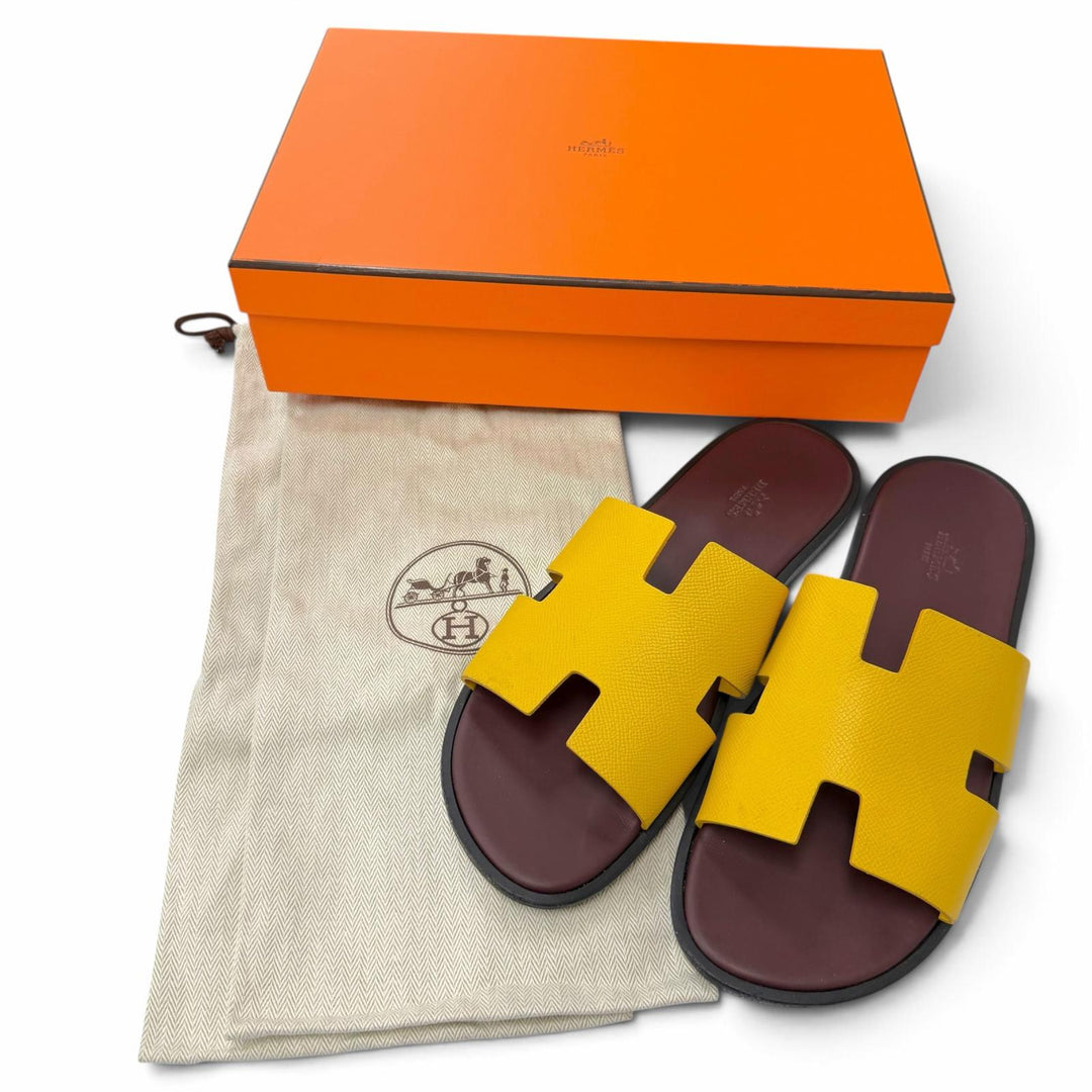 美品▼HERMES エルメス 221824 イズミール レザー Hロゴ スリッパ スライドサンダル イエロー ボルドー 43 伊製 メンズ 箱・保存袋付き