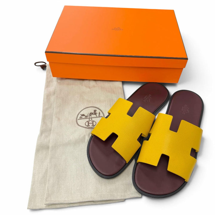 美品▼HERMES エルメス 221824 イズミール レザー Hロゴ スリッパ スライドサンダル イエロー ボルドー 43 伊製 メンズ 箱・保存袋付き