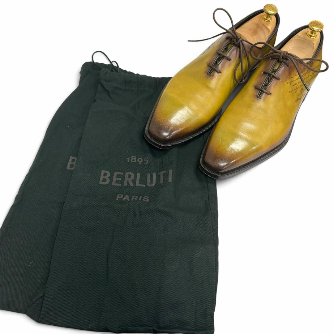 美品□BERLUTI ベルルッティ アレッサンドロ ガレ レザー スクリット カリグラフィ ドレスシューズ イエロー系 8 イタリア製 保存袋付き