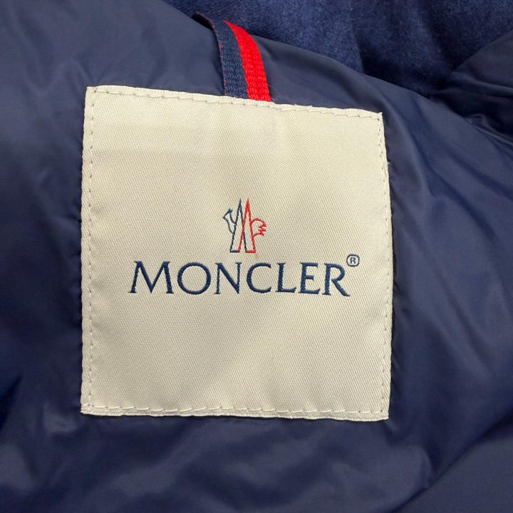 美品□MONCLER モンクレール MONTGENEVRE GIUBBOTTO ウール100％ ロゴワッペン フーデッド ダウンジャケット ネイビー 0 正規品 メンズ