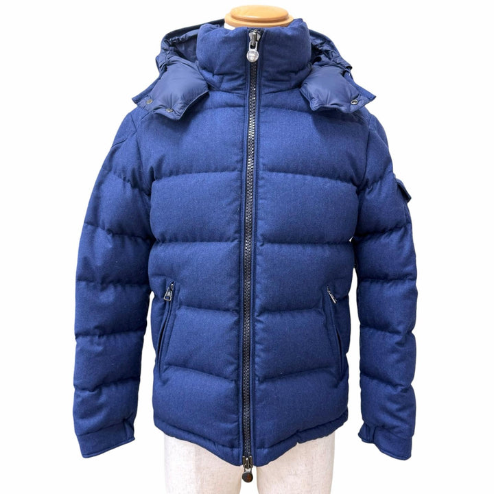 美品□MONCLER モンクレール MONTGENEVRE GIUBBOTTO ウール100％ ロゴワッペン フーデッド ダウンジャケット ネイビー 0 正規品 メンズ