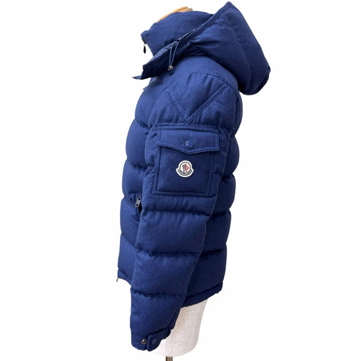 美品□MONCLER モンクレール MONTGENEVRE GIUBBOTTO ウール100％ ロゴワッペン フーデッド ダウンジャケット ネイビー 0 正規品 メンズ