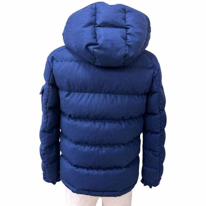 美品□MONCLER モンクレール MONTGENEVRE GIUBBOTTO ウール100％ ロゴワッペン フーデッド ダウンジャケット ネイビー 0 正規品 メンズ