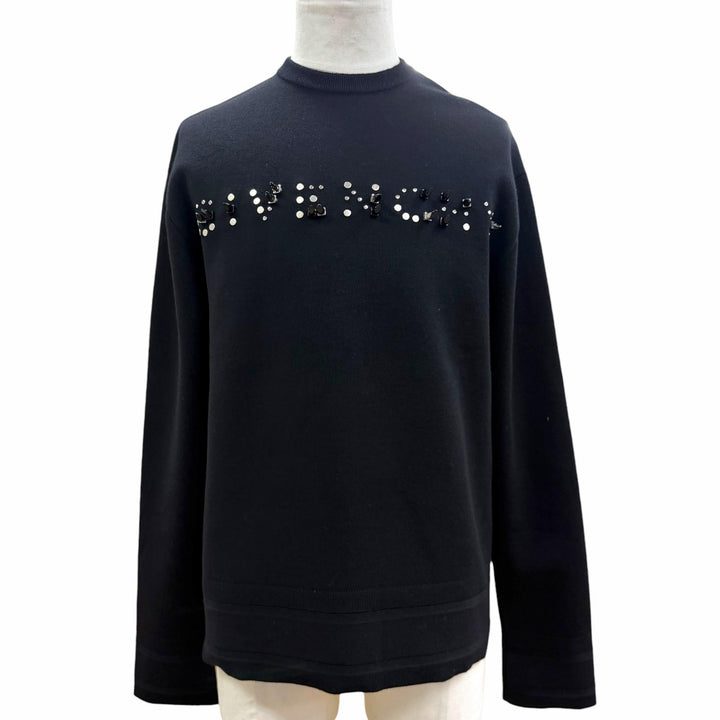 極美品▼GIVENCHY ジバンシィ BM90GX4Y54 ウール100% スタッズロゴ クルーネック ニット セーター ブラック S フランス製 正規品 メンズ