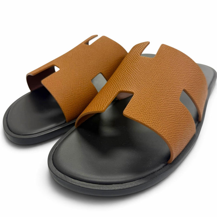 未使用品▼HERMES エルメス イズミール ヴォーエプソン レザー ヘリテージ スライドサンダル ゴールド IT 42 伊製 メンズ 箱・保存袋付き