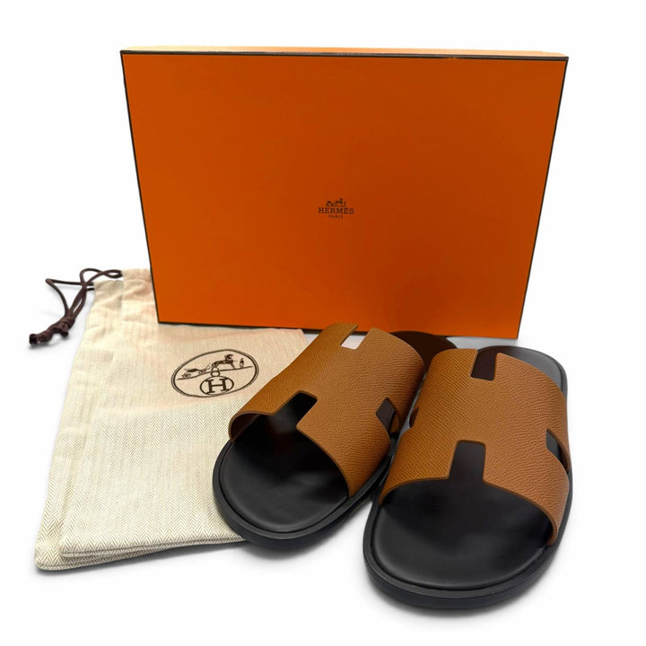 未使用品▼HERMES エルメス イズミール ヴォーエプソン レザー ヘリテージ スライドサンダル ゴールド IT 42 伊製 メンズ 箱・保存袋付き