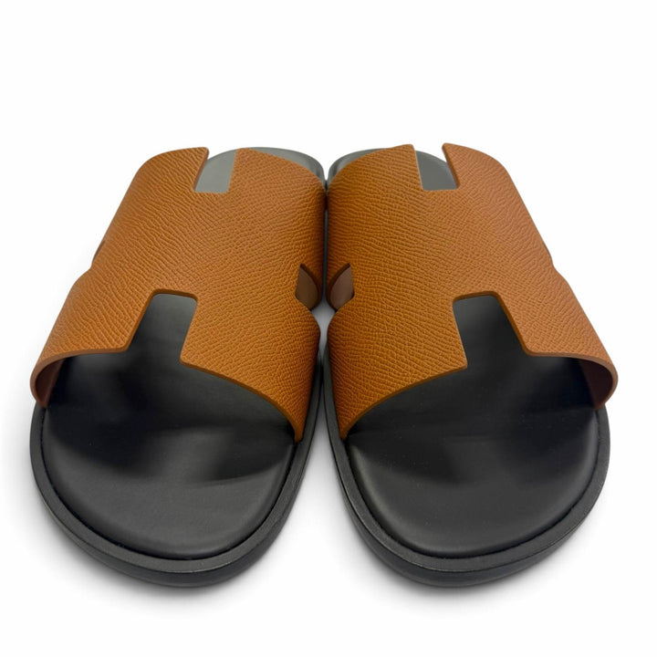 未使用品▼HERMES エルメス イズミール ヴォーエプソン レザー ヘリテージ スライドサンダル ゴールド IT 42 伊製 メンズ 箱・保存袋付き