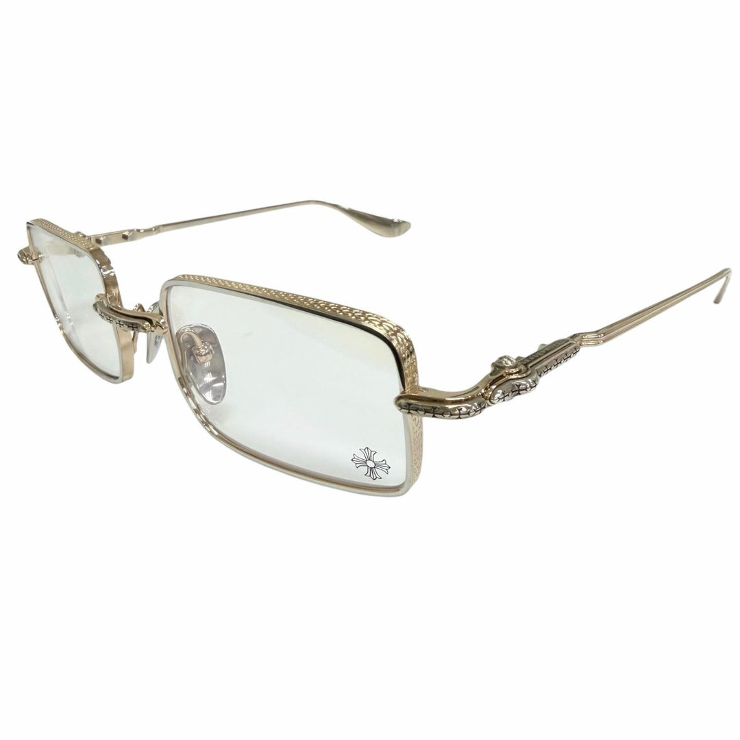 美品□CHROME HEARTS クロムハーツ BUCKLE RIDER SV925使い クロス スクエアフレーム メガネ 眼鏡 アイウェア ゴールド 度無 重量30g