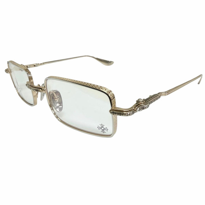 美品□CHROME HEARTS クロムハーツ BUCKLE RIDER SV925使い クロス スクエアフレーム メガネ 眼鏡 アイウェア ゴールド 度無 重量30g