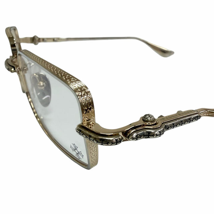 美品□CHROME HEARTS クロムハーツ BUCKLE RIDER SV925使い クロス スクエアフレーム メガネ 眼鏡 アイウェア ゴールド 度無 重量30g