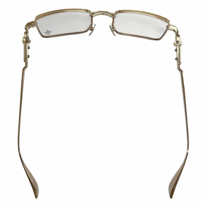 美品□CHROME HEARTS クロムハーツ BUCKLE RIDER SV925使い クロス スクエアフレーム メガネ 眼鏡 アイウェア ゴールド 度無 重量30g