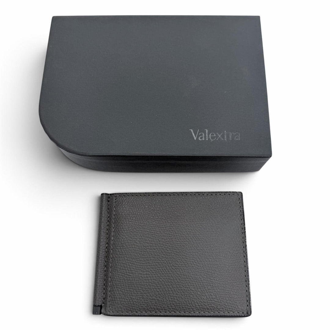 極美品▼Valextra ヴァレクストラ SGSR0080028 レザー マネークリップ 札入れ カードケース 二つ折り財布 グレー イタリア製 メンズ 箱付