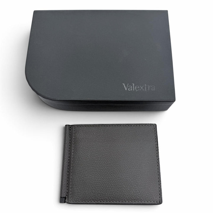 極美品▼Valextra ヴァレクストラ SGSR0080028 レザー マネークリップ 札入れ カードケース 二つ折り財布 グレー イタリア製 メンズ 箱付