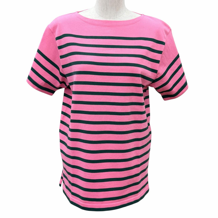未使用品★LOUIS VUITTON ルイヴィトン 24AW LVレザーパッチ ボーダー コットン 半袖Ｔシャツ ピンク グリーン M イタリア製 正規品