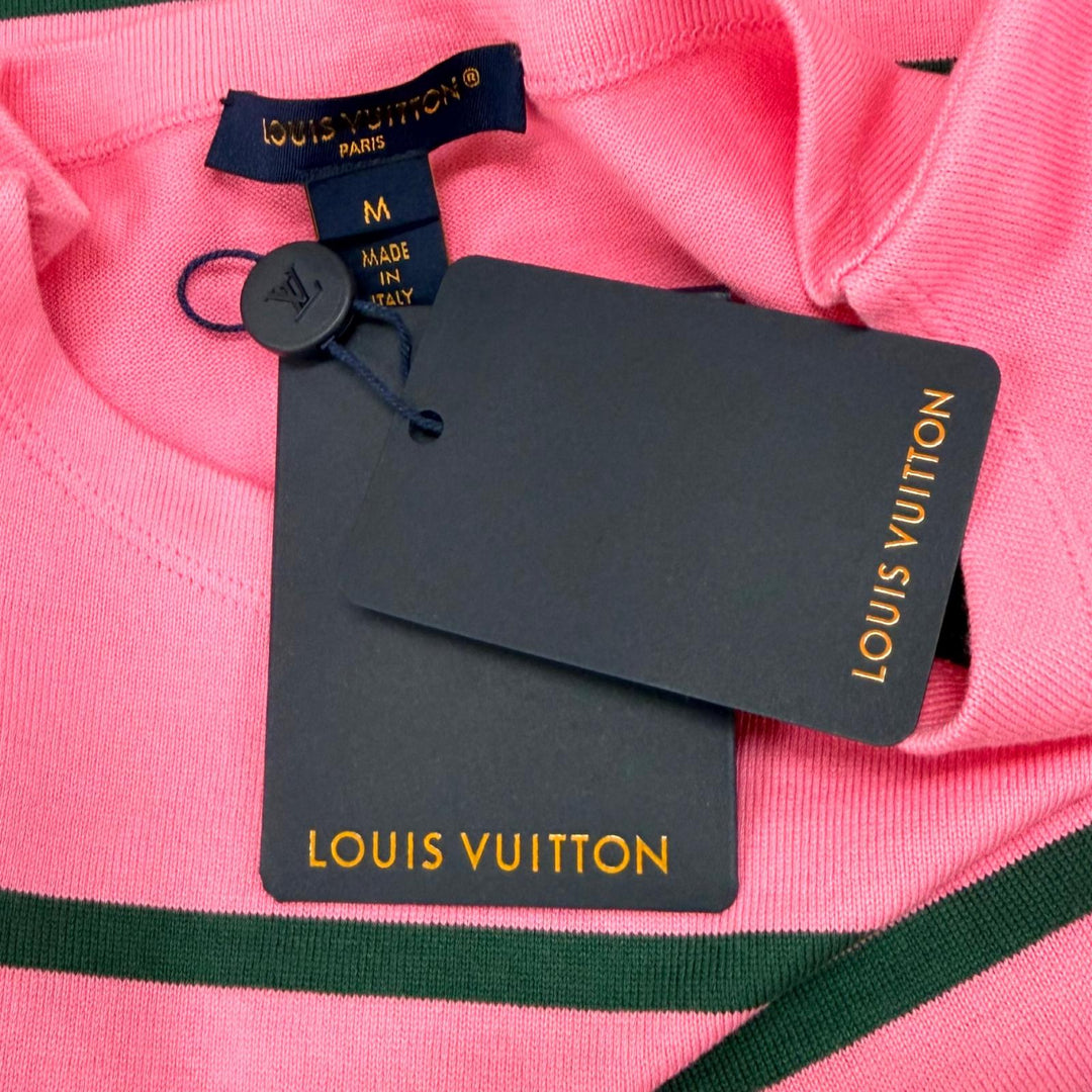 未使用品★LOUIS VUITTON ルイヴィトン 24AW LVレザーパッチ ボーダー コットン 半袖Ｔシャツ ピンク グリーン M イタリア製 正規品