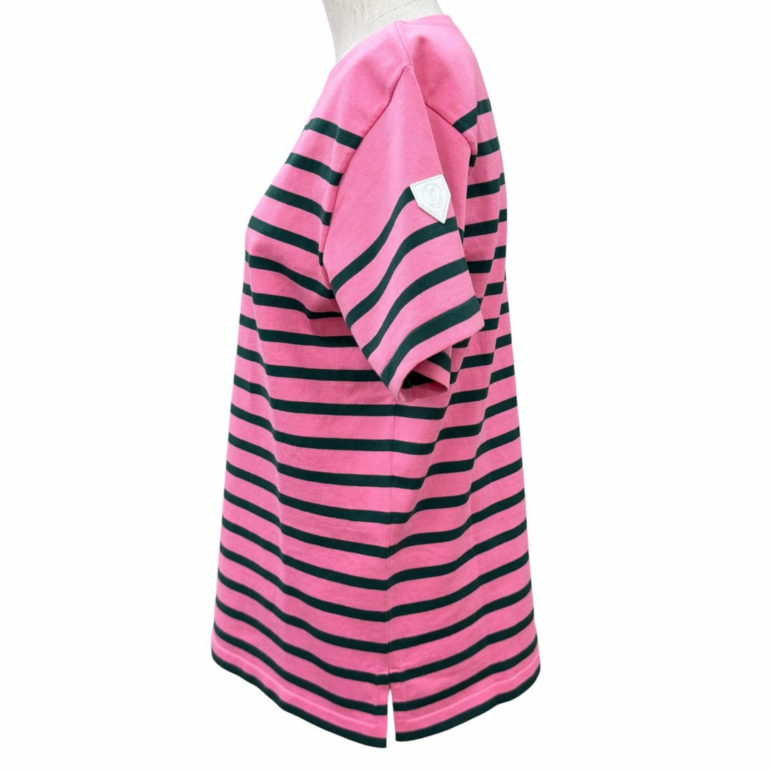 未使用品★LOUIS VUITTON ルイヴィトン 24AW LVレザーパッチ ボーダー コットン 半袖Ｔシャツ ピンク グリーン M イタリア製 正規品