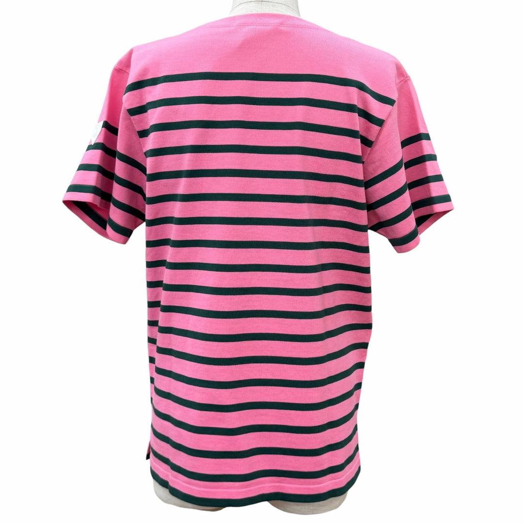 未使用品★LOUIS VUITTON ルイヴィトン 24AW LVレザーパッチ ボーダー コットン 半袖Ｔシャツ ピンク グリーン M イタリア製 正規品