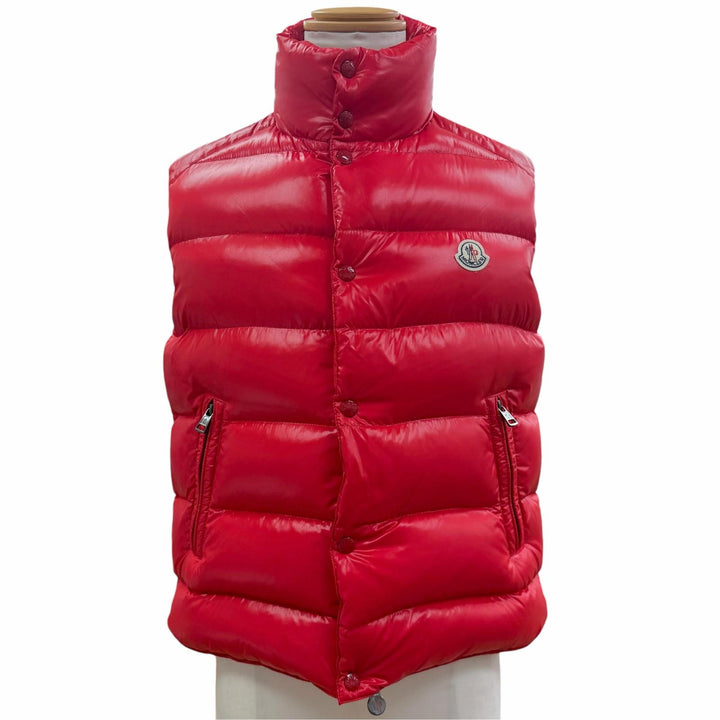 美品▼MONCLER モンクレール C20914335005 TIB ロゴワッペン付き ダブルジップアップ ジレ ダウンベスト レッド 1 正規品 メンズ