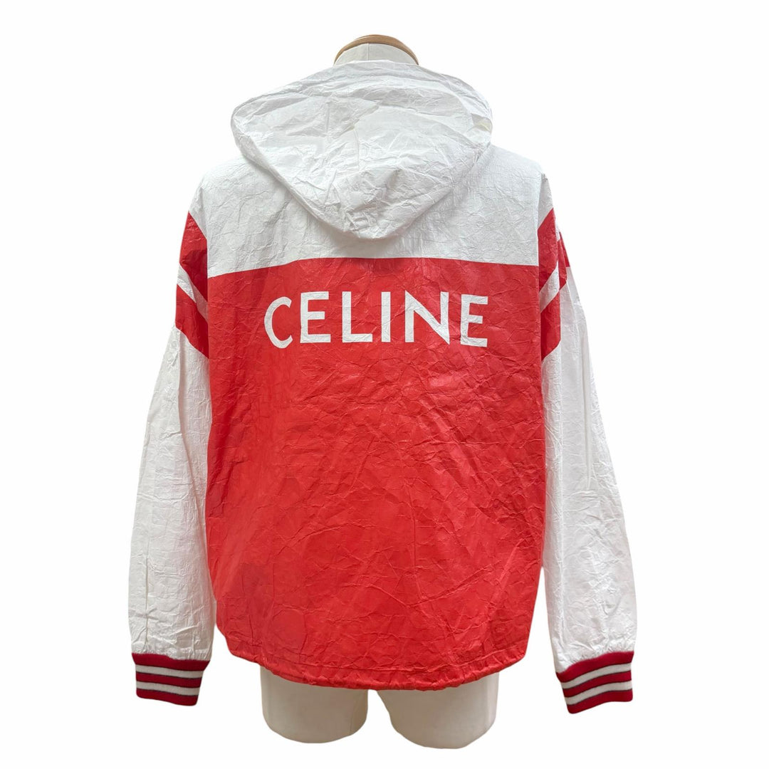 未使用品▼CELINE セリーヌ 2W546323Q バックロゴ シワ加工 フーデッド ペーパー ジップアップ ウィンドブレーカー パーカー 34 正規品