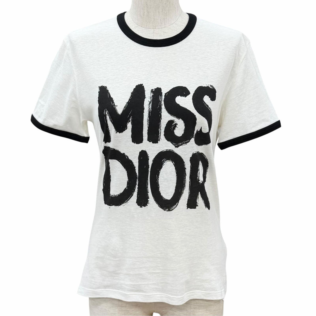 極美品★Christian Dior クリスチャンディオール 453T40A4554 コットン リネン混 MISS DIOR ロゴプリント 半袖Ｔシャツ XS 伊製 正規品