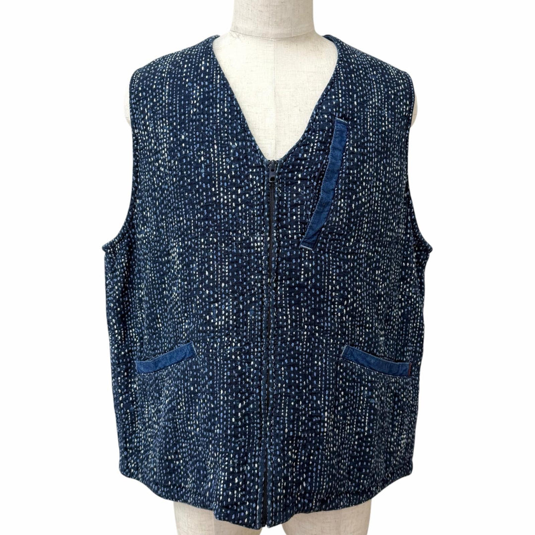 極美品□PORTER CLASSIC ポータークラシック SASHIKO ZIP UP VEST コットン100% 刺し子 ベスト ジレ ブルー 3 日本製 正規品 メンズ