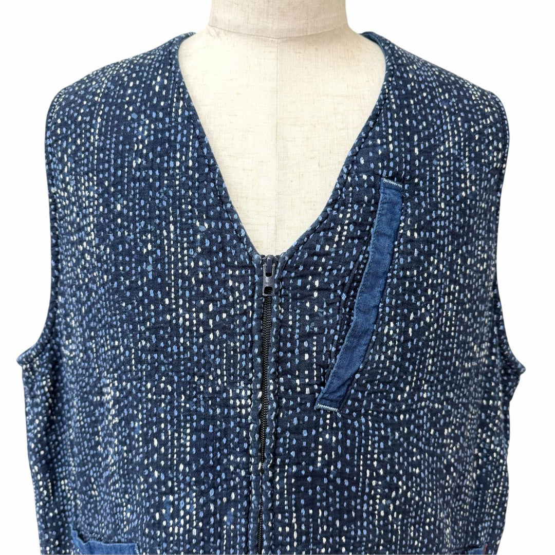 極美品□PORTER CLASSIC ポータークラシック SASHIKO ZIP UP VEST コットン100% 刺し子 ベスト ジレ ブルー 3 日本製 正規品 メンズ