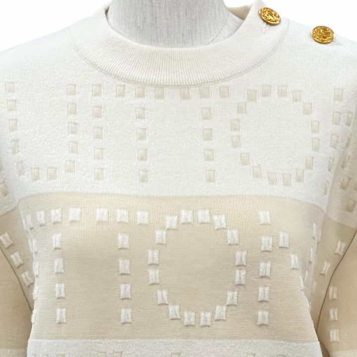 極美品★LOUIS VUITTON ルイヴィトン 23SS ウール混 LVボタン チャンキーストライプロゴ ニット ホワイト ベージュ XS イタリア製 正規品