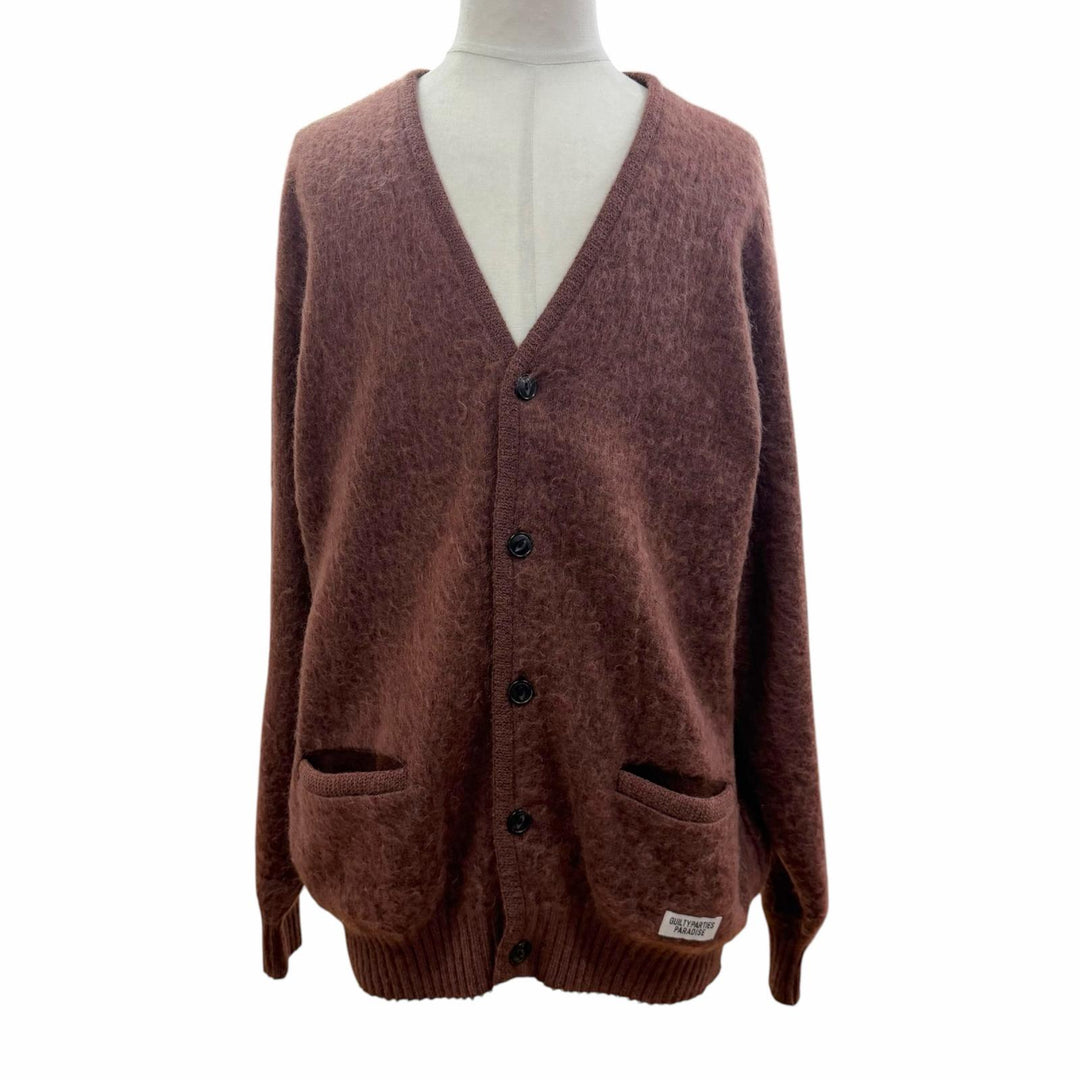 極美品▼WACKO MARIA ワコマリア ウール モヘア混 ロゴワッペン付き Vネック ニット カーディガン ブラウン XL 日本製 正規品 メンズ