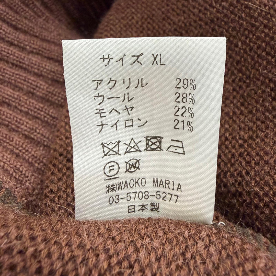 極美品▼WACKO MARIA ワコマリア ウール モヘア混 ロゴワッペン付き Vネック ニット カーディガン ブラウン XL 日本製 正規品 メンズ
