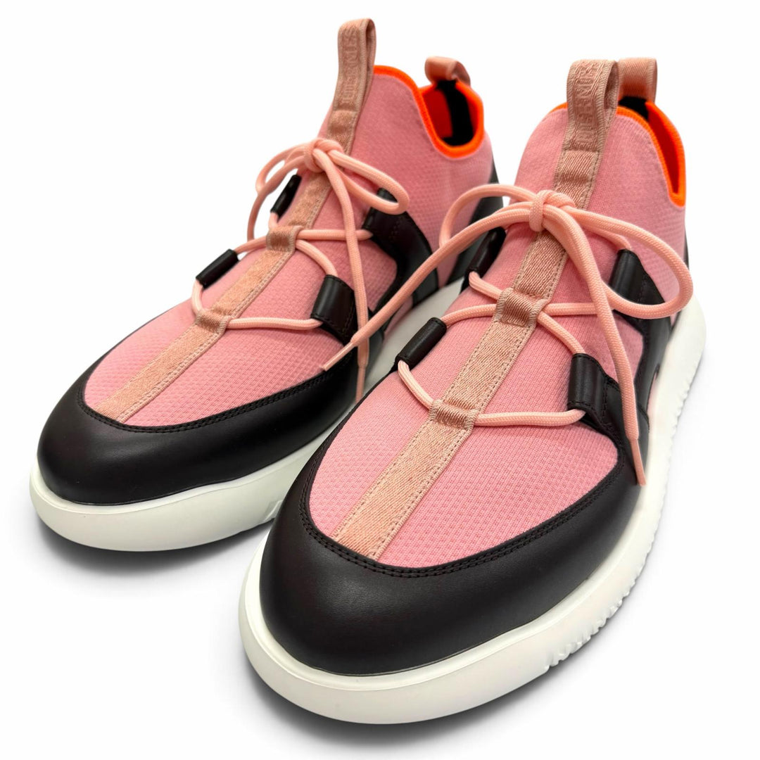 未使用品▼HERMES エルメス DUEL デュエル レザー使い レースアップ スリッポン スニーカー ピンク ブラック IT 44 メンズ 箱・保存袋付