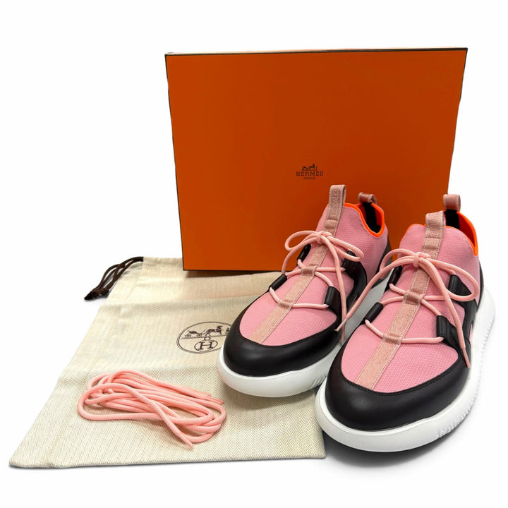 未使用品▼HERMES エルメス DUEL デュエル レザー使い レースアップ スリッポン スニーカー ピンク ブラック IT 44 メンズ 箱・保存袋付
