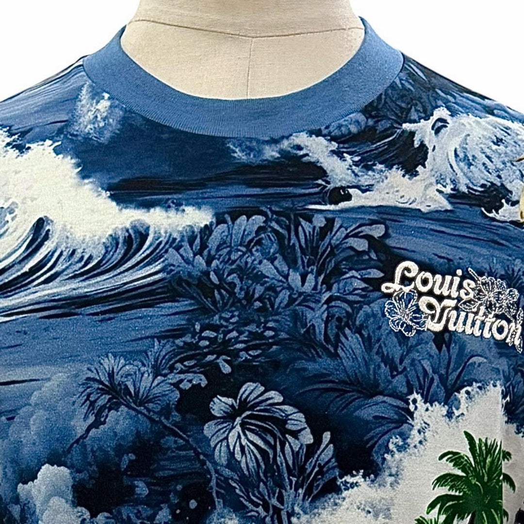 極美品▼LOUIS VUITTON ルイヴィトン 24AW サーフプリント ロゴ刺繍 クルーネック ショートスリーブ 半袖Ｔシャツ ブルー S 正規品 伊製